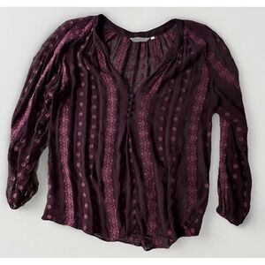 Zoa New York‎ Women's Blouse Size S Plum Purple Embroidered Boho Button Front